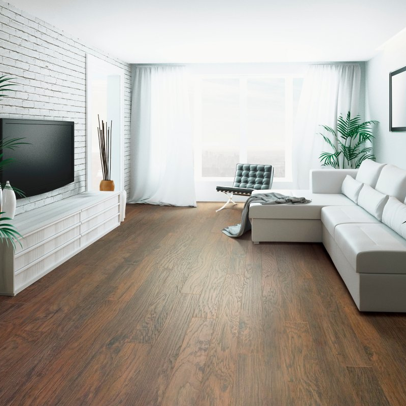 Living room with laminate flooring - Kingmire-Rustic Suede Hickory